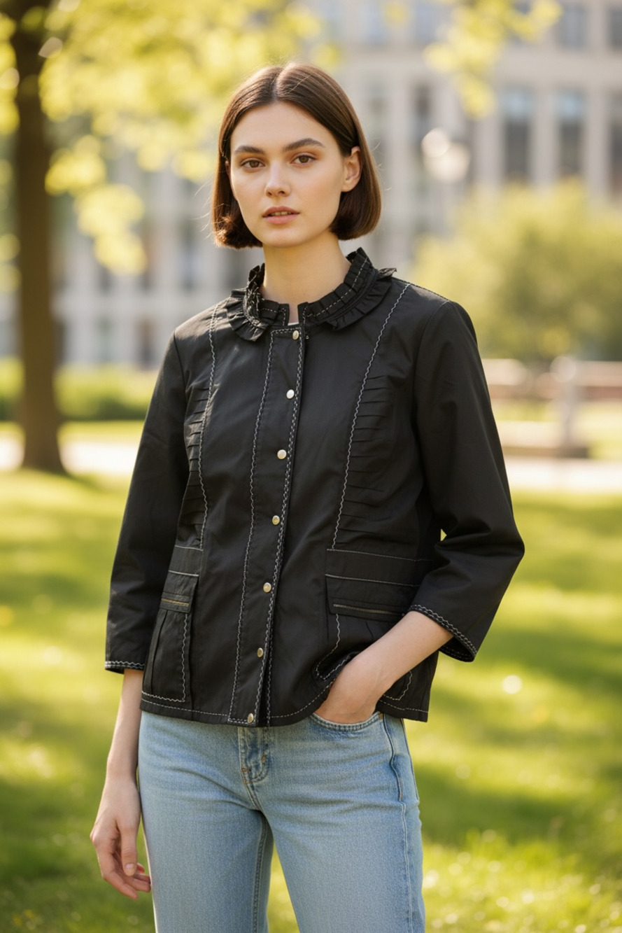 Très Jolie Black Lightweight Jacket Ruffle Trim Full Zip 3/4 Sleeve Size M